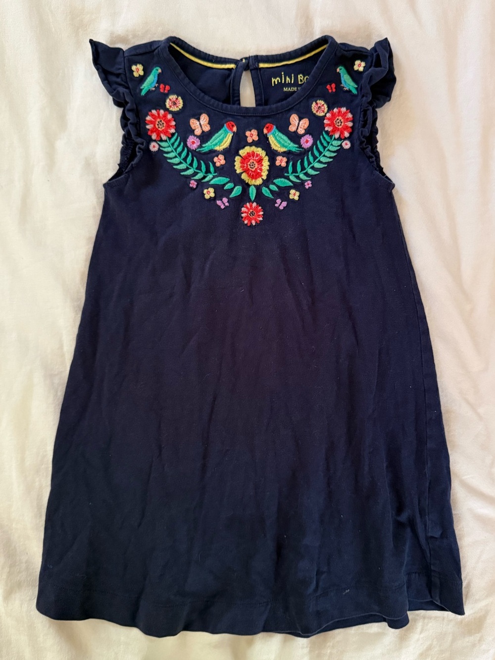 Mini Boden Parrot Motif Jersey knit shift dress with flutter sleeve